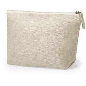 A cream toiletry bag with a textured fabric finish and a zip closure, featuring a small branding logo.
