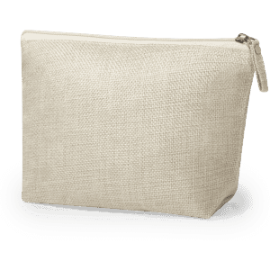 A cream-coloured beauty bag with a zip closure, featuring a textured fabric and a branding logo.