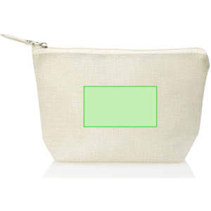 A cream toiletry bag with a zip closure, featuring a green placeholder for branding.