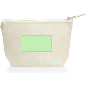 A cream toiletry bag with a zipper, featuring a green rectangular area for customisation.