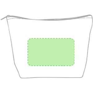 A white beauty bag with a green dotted outline, featuring a zip closure and a blank area for personalisation.