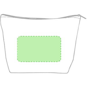 A green and white toiletry bag with a zipper and a rectangular section for custom branding.