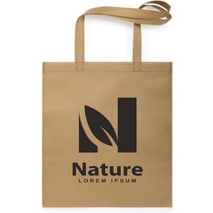 A beige reusable grocery bag with two handles and a logo featuring a leaf design and text.