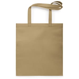 A tan reusable grocery bag with two shoulder straps and no visible branding.