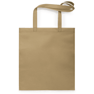 A reusable grocery bag in a tan colour with long handles and a simple design. Features a logo.