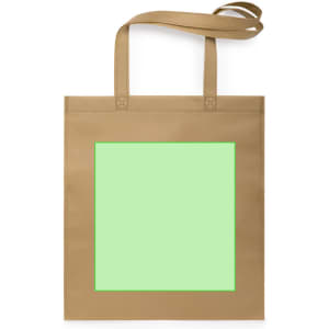 A reusable grocery bag in a brown shade with a large green square on the front. Features two sturdy handles.