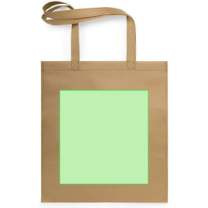 A reusable grocery bag in tan with a large green square and two handles.