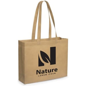 A tan reusable grocery bag with two long handles and a logo on the front.