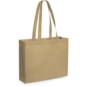 A reusable grocery bag in a tan colour with long handles and a simple design. The bag features a logo.