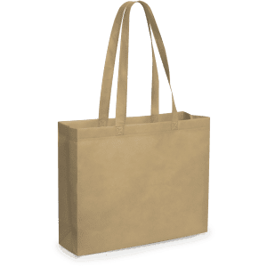 A reusable grocery bag in a warm beige colour with long handles and a simple design. It features a logo.