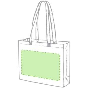 A reusable grocery bag in a natural colour with green accents and a logo on the front.