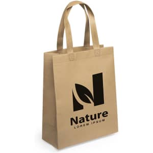 A reusable grocery bag in brown, featuring two handles and a logo on the front.