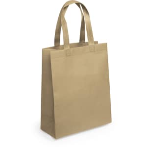 A reusable grocery bag in a light brown colour with sturdy handles. The bag has a simple design and includes a logo.