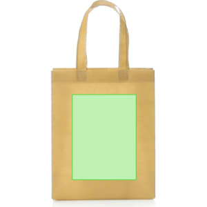 A yellow reusable grocery bag with two handles and a blank green area on the front, featuring a logo.