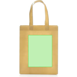 A reusable grocery bag in a light brown colour with handles and a blank green area. It features a logo on the front.
