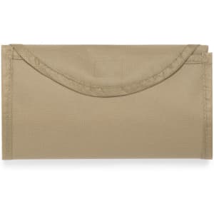 A foldable reusable grocery bag in a tan colour, featuring a logo on the front.