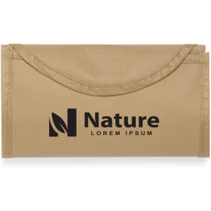 A foldable bag in a tan colour featuring a logo, designed for reusable grocery shopping.