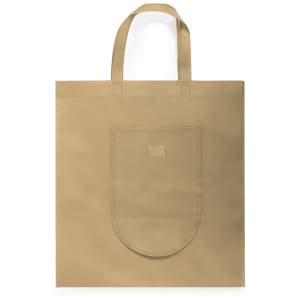 A beige foldable bag with two handles and a front pocket. The bag has a logo but no visible text.