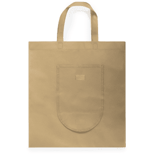 A brown foldable reusable grocery bag with two handles and a front pocket, featuring a logo.