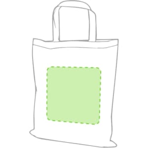 A foldable reusable grocery bag in white with green accents and a blank square area for customization.