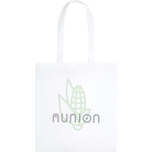 A white tote bag featuring a light green logo design and two handles for carrying.