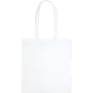 A white tote bag with two handles and a blank front, featuring a logo.