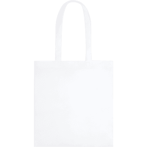 A white tote bag with two sturdy handles and a plain design. It features a logo on one side.