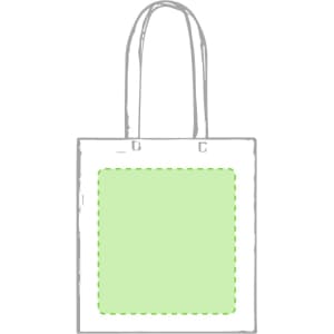 A tote bag featuring a light green panel and two shoulder straps, with a simple outline design.