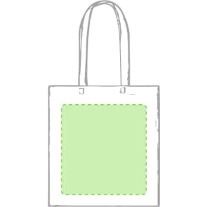 A white tote bag with two handles and a green square area, featuring a simple design.