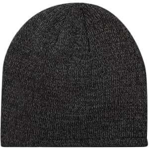 A black knitted beanie hat with a smooth texture, featuring a logo on one side.
