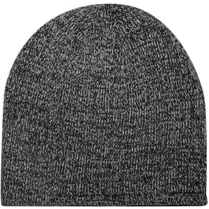 A grey beanie hat with a textured knit pattern, featuring a logo on the side.