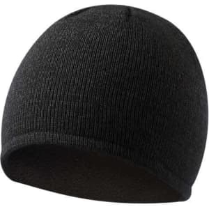 A black knitted beanie hat with a snug fit, featuring a simple design and no visible branding.