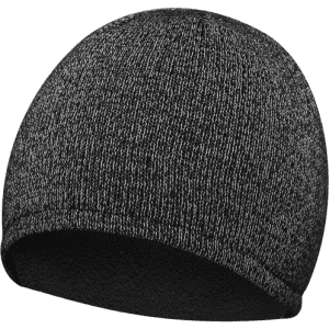 A grey knitted beanie with a black lining and a simple design. The hat features a logo.