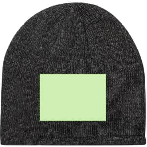 A black beanie hat featuring a rectangular area in a light green colour, with a logo present.