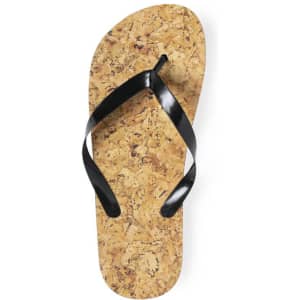 A pair of Sebrin flip flops with a cork sole and black straps. The product features a logo on the strap.