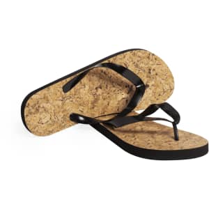 Black Sebrin flip flops with a cork footbed, featuring thong straps and a simple design.