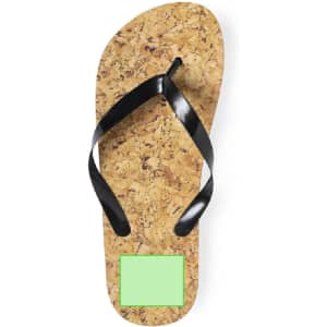 A cork flip flop with black straps and a square green panel on the sole, featuring a logo.