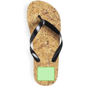 A cork flip flop with black straps and a green square on the sole. It features a logo on the upper side.
