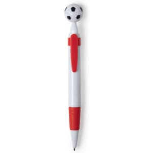A pen featuring a white and red design, topped with a soccer ball-shaped cap. It includes a branding logo.
