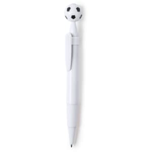 A white pen with a black and white soccer ball-shaped topper and a branded logo on the barrel.