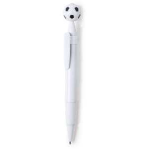 A white pen featuring a soccer ball design on top. The pen has a textured grip and a branding logo.