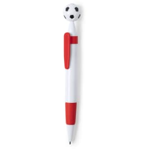 A red and white pen featuring a soccer ball topper and a textured grip. It includes a branding logo.