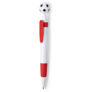 A red and white pen featuring a soccer ball design on the top, with a textured grip for writing.