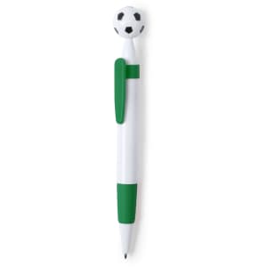 A white and green pen with a football-shaped topper and a textured grip. It features a logo.