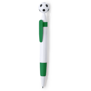 A green and white pen featuring a soccer ball-shaped top and a textured grip, with a logo present.