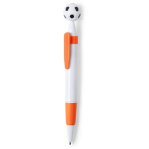 A white pen with an orange grip and clip, featuring a soccer ball topper. It has a logo on the barrel.