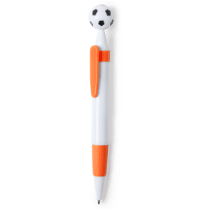 A white and orange pen topped with a soccer ball design. It features a textured grip and a clip.