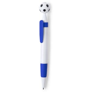 A pen with a white body and blue grip, featuring a soccer ball topper. It has a logo on the clip.