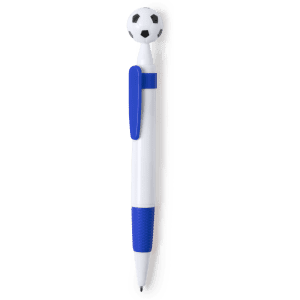 A white pen with a blue grip and a soccer ball shaped top. Features a logo on the body.