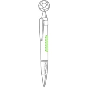 A pen featuring a round, patterned topper and a green grip, designed for writing. It has a logo but no text.